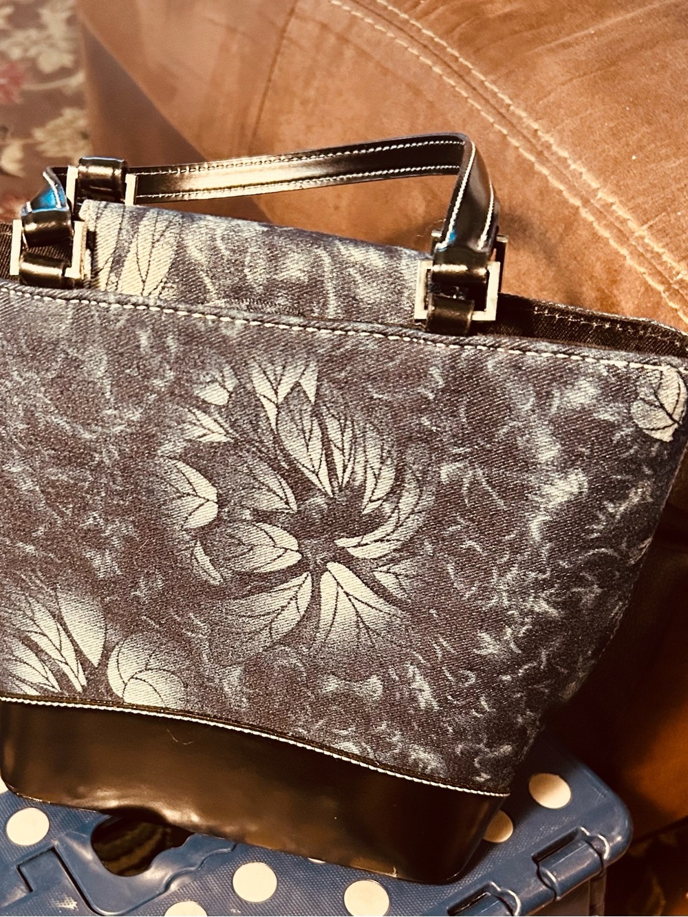 Stylish Denim Floral Tote Bag with Black Trim